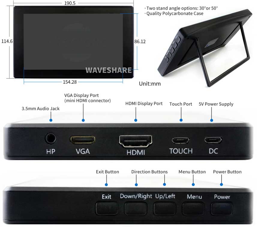 7inch LCD(H) 1024x600 IPS HDMI Cảm Ứng Điện Dung Có Vỏ
